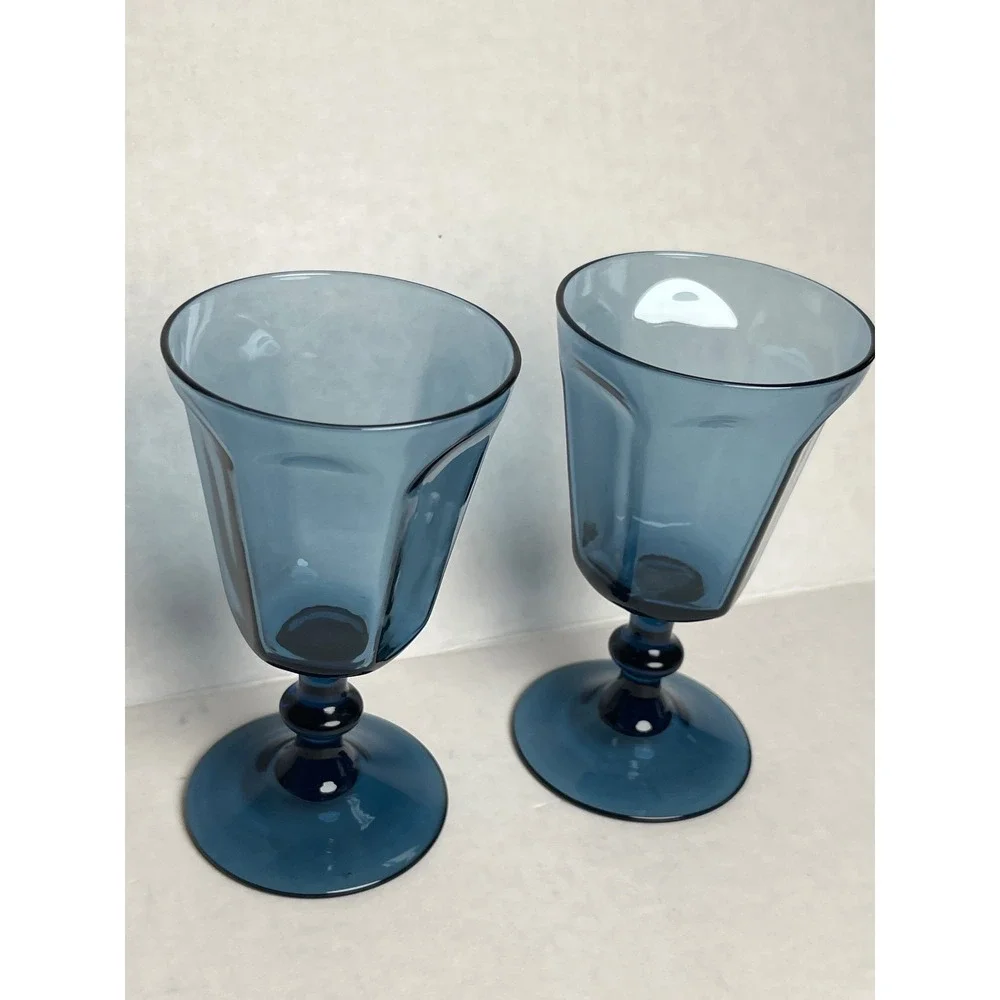 Vintage Lenox Glass Water Goblets Paneled Stemware Set/2 Smoke Blue Made in USA